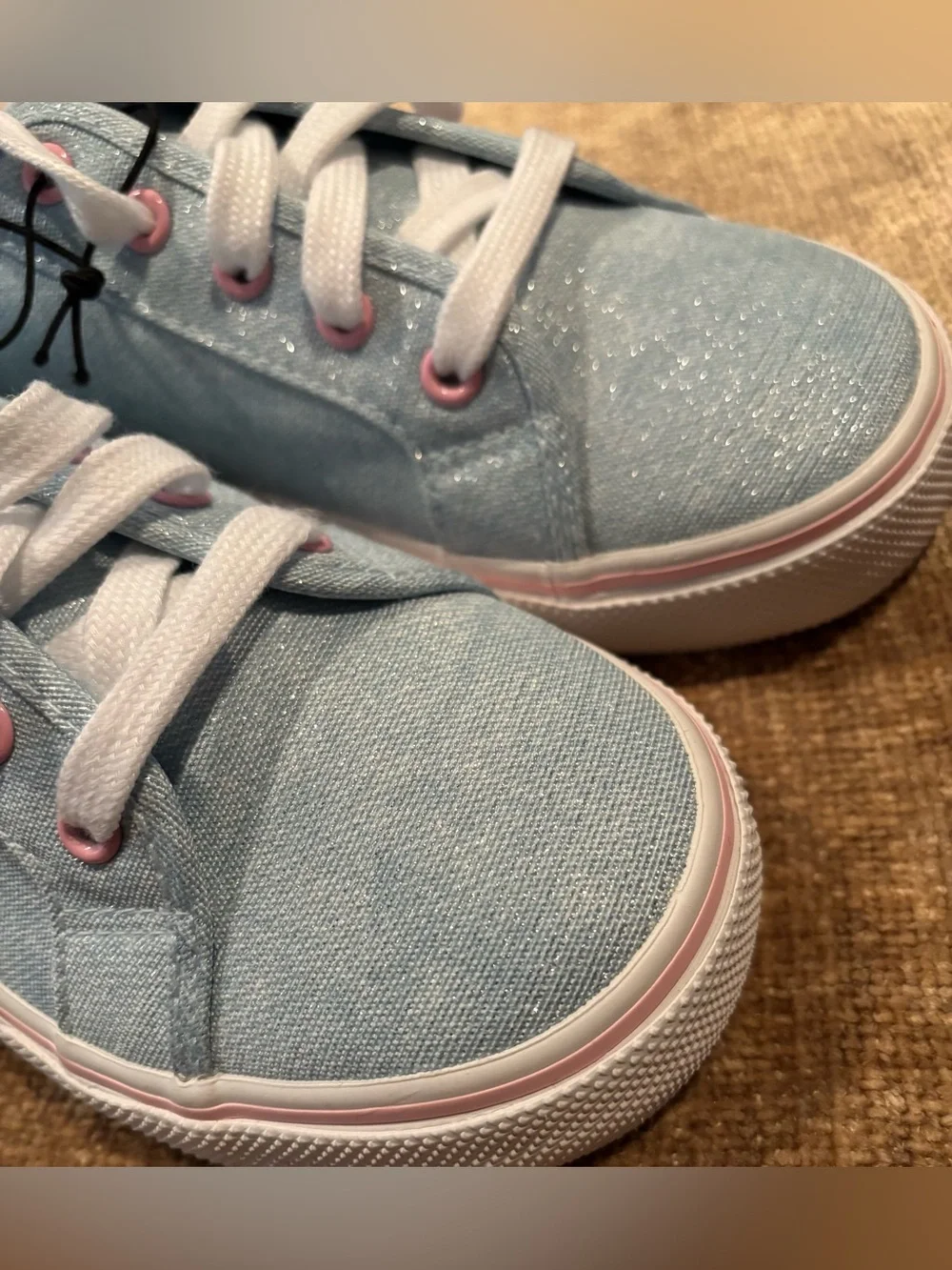 NWT Light Blue Glittery Canvas Sneakers with Pink Accents